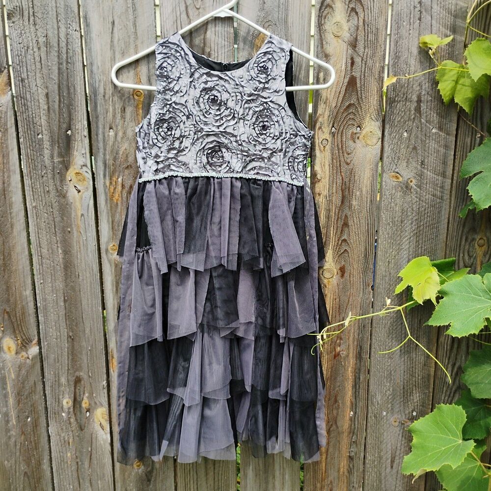 Isobella Chloe Girls Size 10 Silver Rosetta Rhinestone Tiered Tulle Party Dress